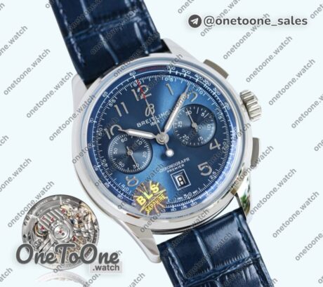Реплика часов Breitling Premier B01 Chronograph 42mm Stainless steel Blue Number Dial Leather Strap BLS