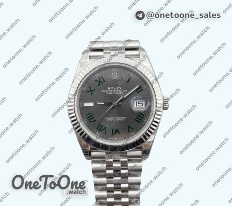 Реплика часов Rolex Datejust 41 Stainless steel 904L Steel Top-tier Копия один в один Gray Dial Green Roman on Stainless steel Bracelet 3235