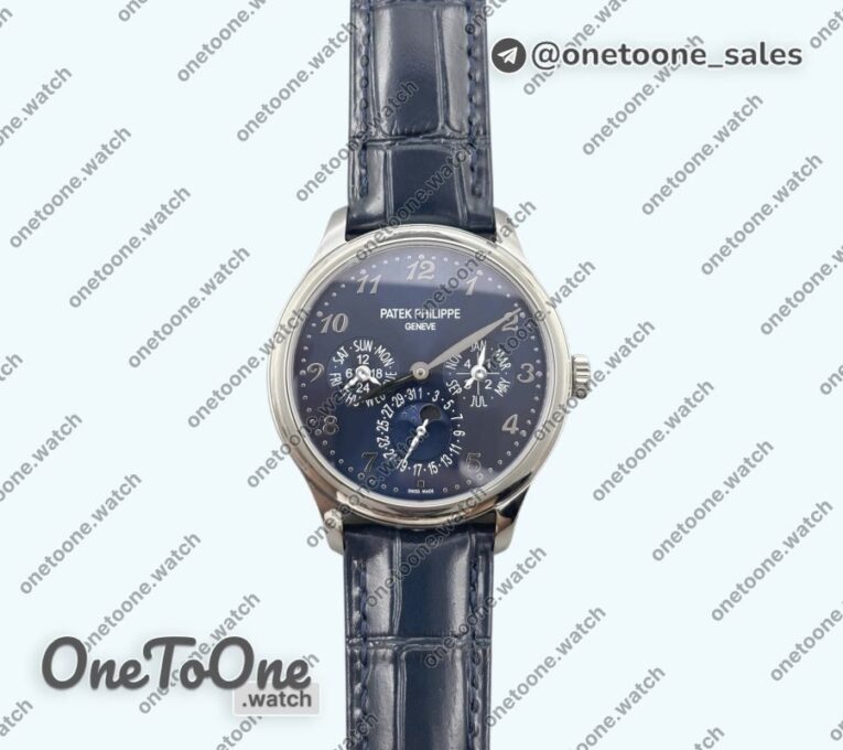 Реплика часов Patek Philippe Perpetual Calendar 5140 Stainless steel Top-tier Копия один в один Blue Numeral Dial on Blue Leather Strap 3KF