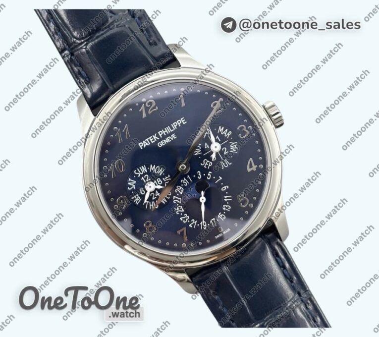 Реплика часов Patek Philippe Perpetual Calendar 5140 Stainless steel Top-tier Копия один в один Blue Numeral Dial on Blue Leather Strap 3KF