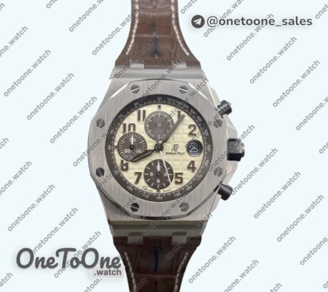 Реплика часов Audemars Piguet Royal Oak Offshore 42mm 2014 Safari Stainless steel Top-tier Копия один в один Cream Dial On Brown Leather Strap TKF