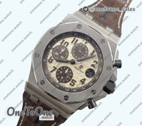 Реплика часов Audemars Piguet Royal Oak Offshore 42mm 2014 Safari Stainless steel Top-tier Копия один в один Cream Dial On Brown Leather Strap TKF