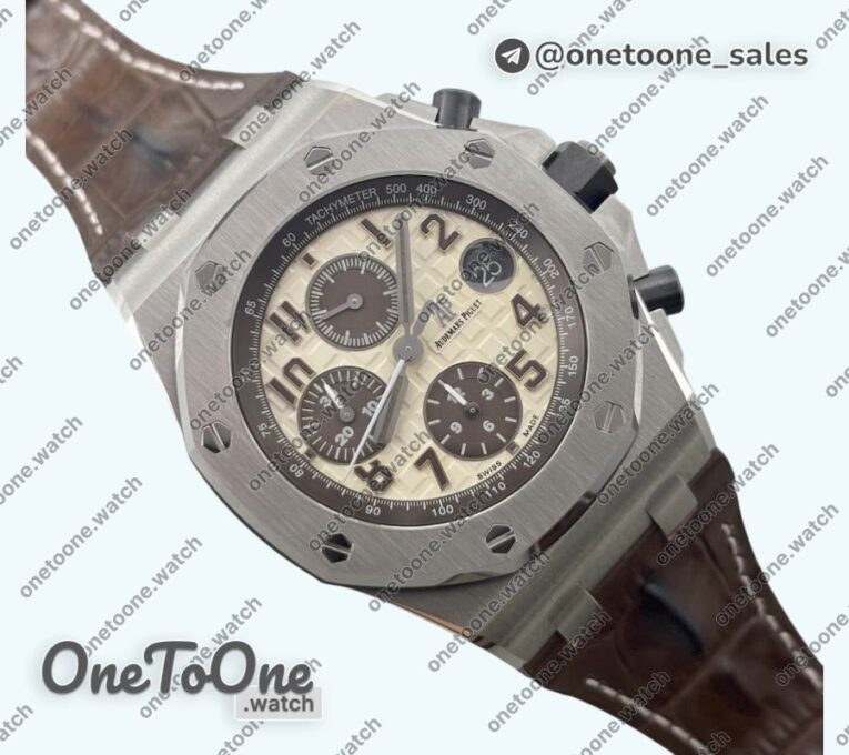 Реплика часов Audemars Piguet Royal Oak Offshore 42mm 2014 Safari Stainless steel Top-tier Копия один в один Cream Dial On Brown Leather Strap TKF