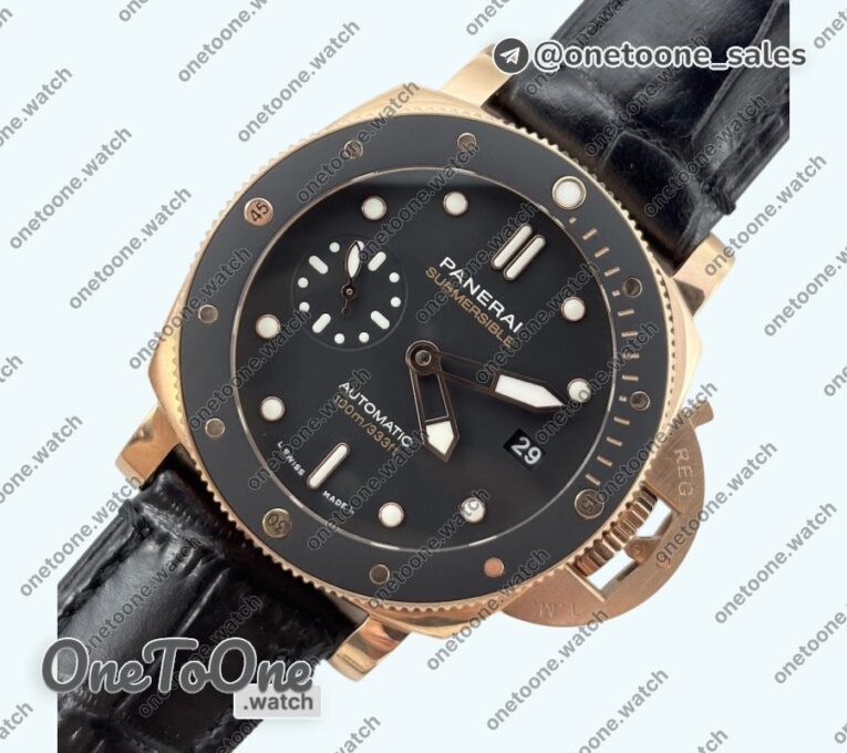 Реплика часов Panerai PAM974 Luminor Submersible Rose gold Top-tier Копия один в один on Black Leather Strap OP XXXIV Clone