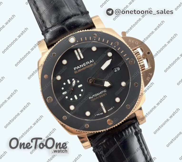 Реплика часов Panerai PAM974 Luminor Submersible Rose gold Top-tier Копия один в один on Black Leather Strap OP XXXIV Clone