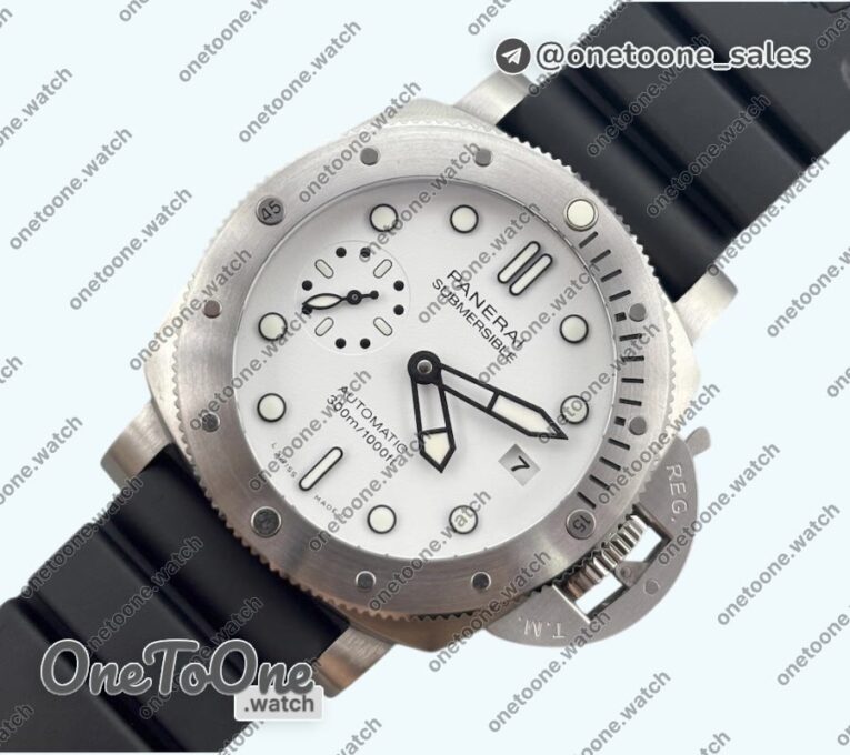 Реплика часов Panerai PAM2223 Submersible 42mm Top-tier Копия один в один White Dial on Black Rubber Strap P900