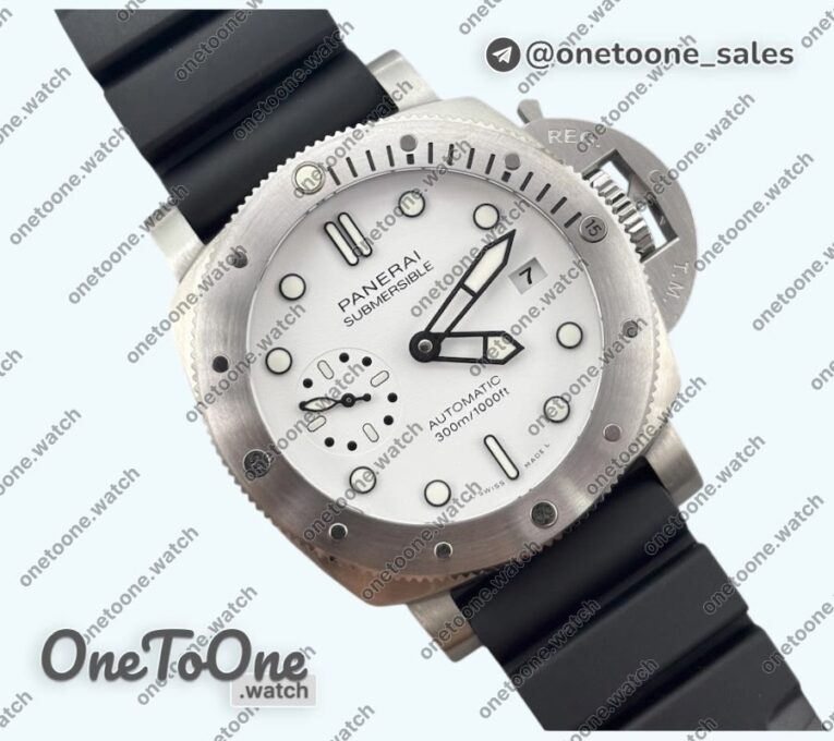 Реплика часов Panerai PAM2223 Submersible 42mm Top-tier Копия один в один White Dial on Black Rubber Strap P900