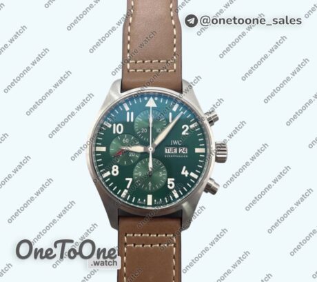 Реплика часов Iwc Pilot Chrono Spitfire IW377726 Stainless steel Top-tier Копия один в один Green Dial on Brown Leather Strap A