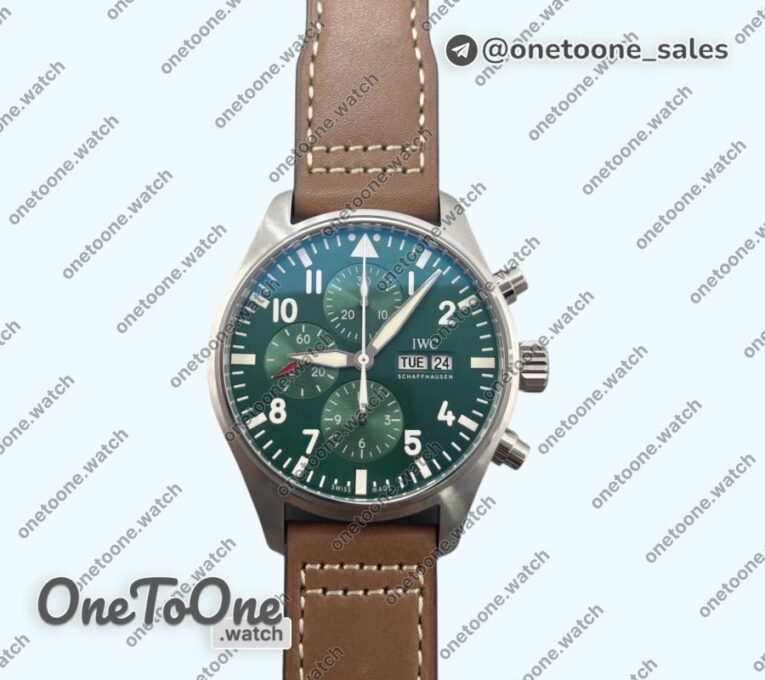 Реплика часов Iwc Pilot Chrono Spitfire IW377726 Stainless steel Top-tier Копия один в один Green Dial on Brown Leather Strap A
