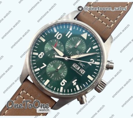 Реплика часов Iwc Pilot Chrono Spitfire IW377726 Stainless steel Top-tier Копия один в один Green Dial on Brown Leather Strap A