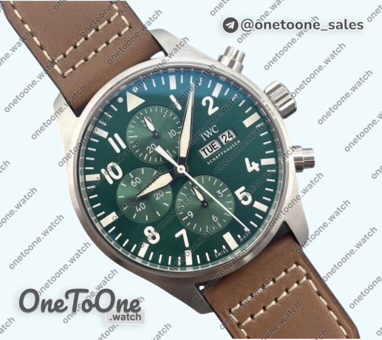 Реплика часов Iwc Pilot Chrono Spitfire IW377726 Stainless steel Top-tier Копия один в один Green Dial on Brown Leather Strap A