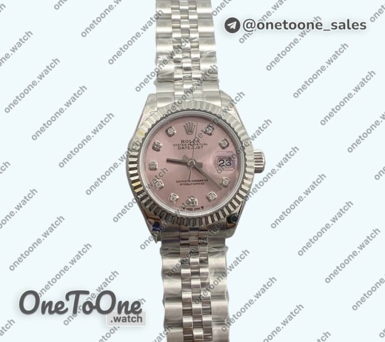 Реплика часов Rolex Datejust 28mm 279166 Top-tier Копия один в один White Pink Dial Crystals Markers on Stainless steel Jubilee Bracelet WF