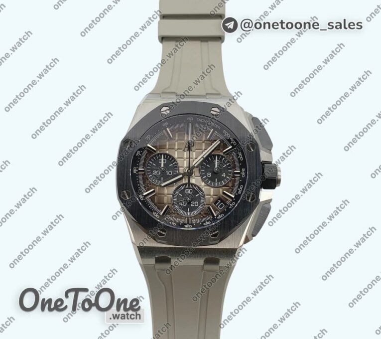 Реплика часов Audemars Piguet ROO 43mm 26420 Ceramic Bezel Stainless steel Top-tier Копия один в один Light Brown Dial On Gray Rubber Strap