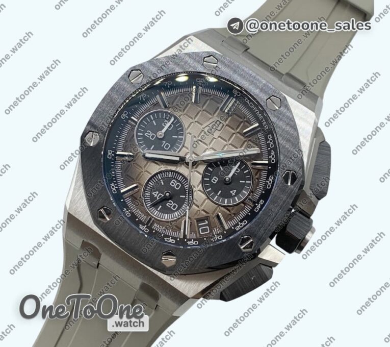 Реплика часов Audemars Piguet ROO 43mm 26420 Ceramic Bezel Stainless steel Top-tier Копия один в один Light Brown Dial On Gray Rubber Strap