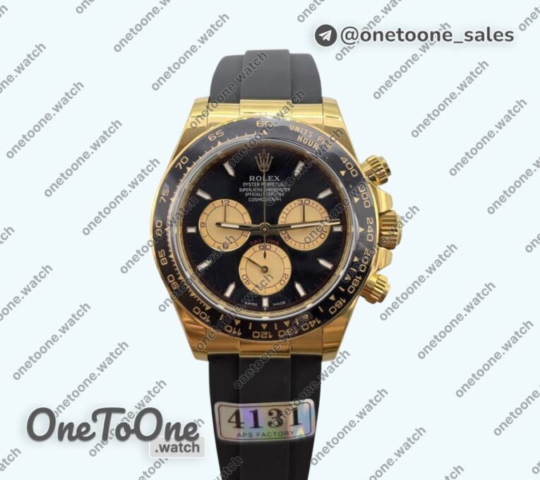Реплика часов Rolex Daytona 126518 Увеличенный вес Top-tier Копия один в один Black Dial Gold Subdial Sticks Markers on Oysterflex Strap