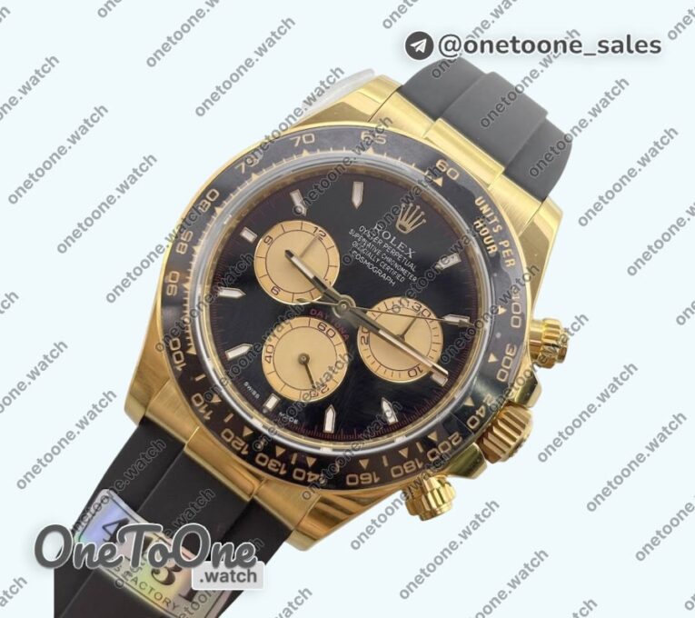 Реплика часов Rolex Daytona 126518 Увеличенный вес Top-tier Копия один в один Black Dial Gold Subdial Sticks Markers on Oysterflex Strap