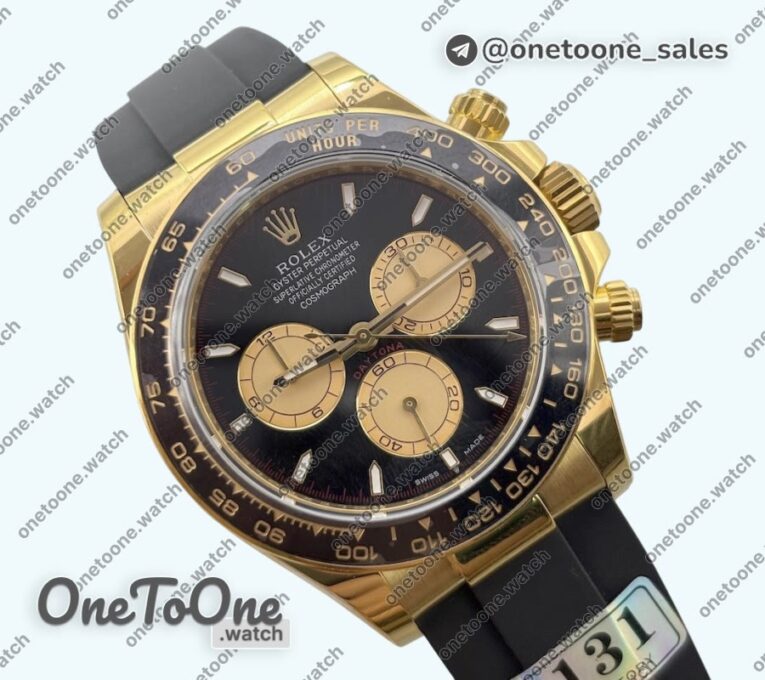 Реплика часов Rolex Daytona 126518 Увеличенный вес Top-tier Копия один в один Black Dial Gold Subdial Sticks Markers on Oysterflex Strap
