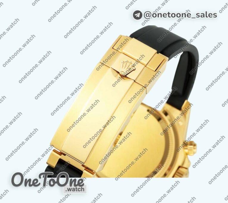 Реплика часов Rolex Daytona 126518 Увеличенный вес Top-tier Копия один в один Black Dial Gold Subdial Sticks Markers on Oysterflex Strap