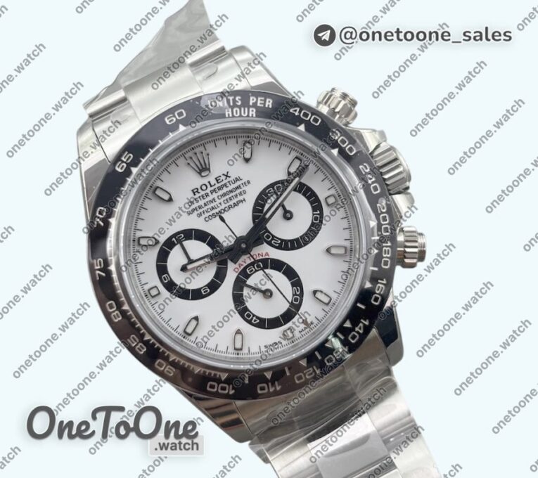 Реплика часов Rolex Daytona 116500 Ceramic Bezel Top-tier Копия один в один 904L Stainless steel Case and Bracelet White Dial DD4130