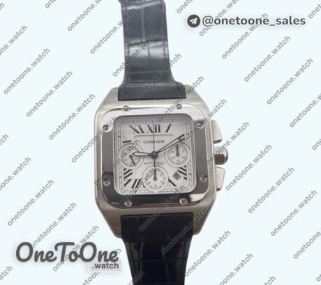 Реплика часов Cartier Santos 100 Chronograph Stainless steel Ultimate Edition On Black Leather Strap