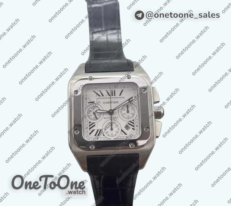 Реплика часов Cartier Santos 100 Chronograph Stainless steel Ultimate Edition On Black Leather Strap
