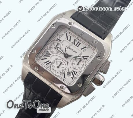 Реплика часов Cartier Santos 100 Chronograph Stainless steel Ultimate Edition On Black Leather Strap