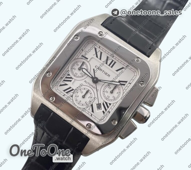 Реплика часов Cartier Santos 100 Chronograph Stainless steel Ultimate Edition On Black Leather Strap