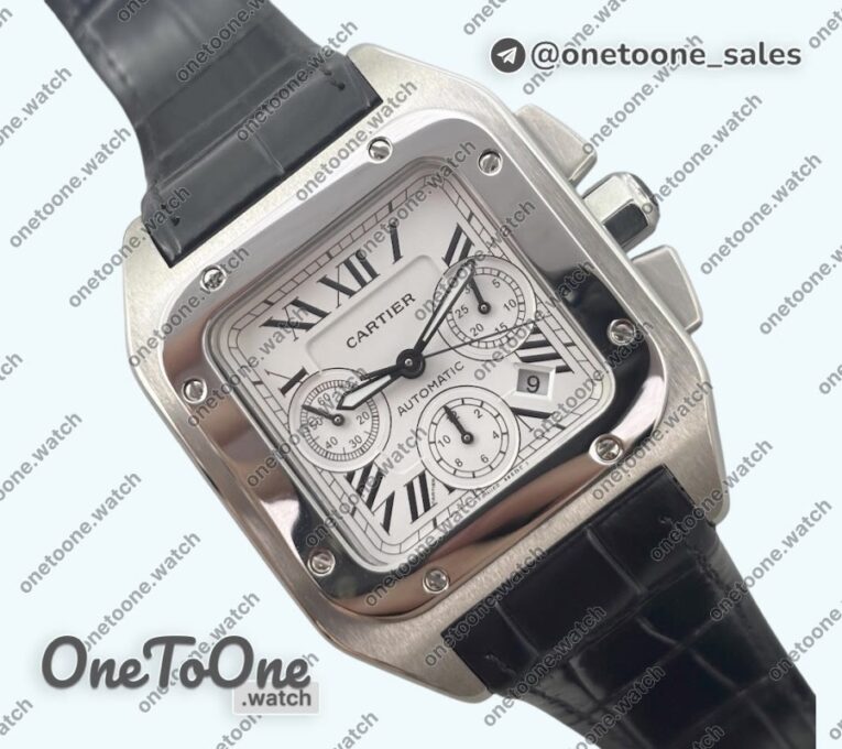 Реплика часов Cartier Santos 100 Chronograph Stainless steel Ultimate Edition On Black Leather Strap