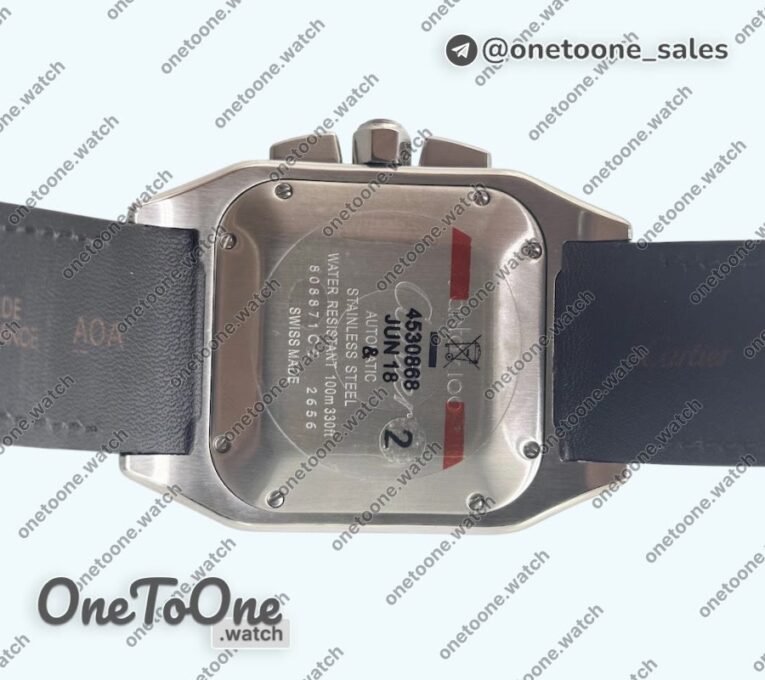 Реплика часов Cartier Santos 100 Chronograph Stainless steel Ultimate Edition On Black Leather Strap