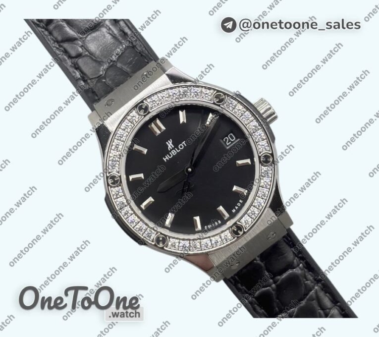 Реплика часов Hublot Classic Fusion 33mm Stainless steel Top-tier Копия один в один Black Dial Diamonds Bezel Gummy Strap Swiss