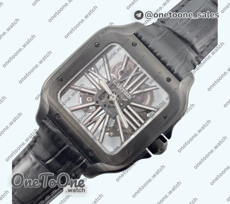 Реплика часов Cartier Santos de Cartier Skeleton PVD Case Skeleton Dial on Black Leather Strap MLF 9612MC