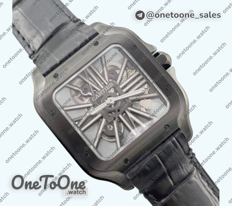 Реплика часов Cartier Santos de Cartier Skeleton PVD Case Skeleton Dial on Black Leather Strap MLF 9612MC