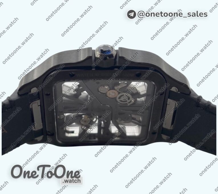 Реплика часов Cartier Santos de Cartier Skeleton PVD Case Skeleton Dial on Black Leather Strap MLF 9612MC