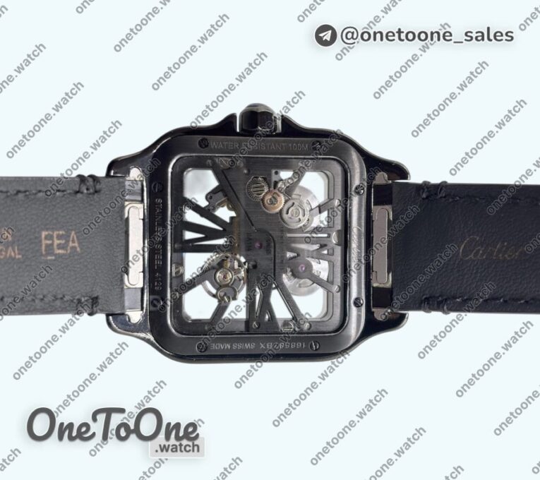 Реплика часов Cartier Santos de Cartier Skeleton PVD Case Skeleton Dial on Black Leather Strap MLF 9612MC