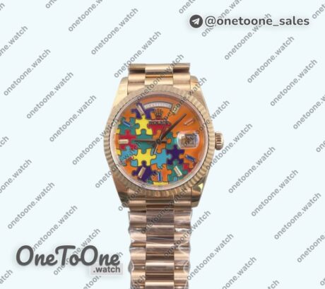 Реплика часов Rolex Daydate 128235 36mm Colour Jigsaw Puzzle Rose gold Top-tier Копия один в один Orange Dial on Rose gold President Bracelet QHF