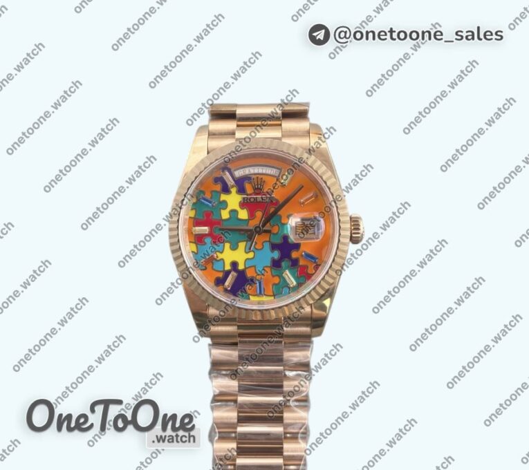 Реплика часов Rolex Daydate 128235 36mm Colour Jigsaw Puzzle Rose gold Top-tier Копия один в один Orange Dial on Rose gold President Bracelet QHF