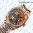 Реплика часов Rolex Daydate 128235 36mm Colour Jigsaw Puzzle Rose gold Top-tier Копия один в один Orange Dial on Rose gold President Bracelet QHF