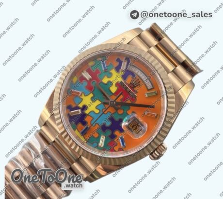 Реплика часов Rolex Daydate 128235 36mm Colour Jigsaw Puzzle Rose gold Top-tier Копия один в один Orange Dial on Rose gold President Bracelet QHF