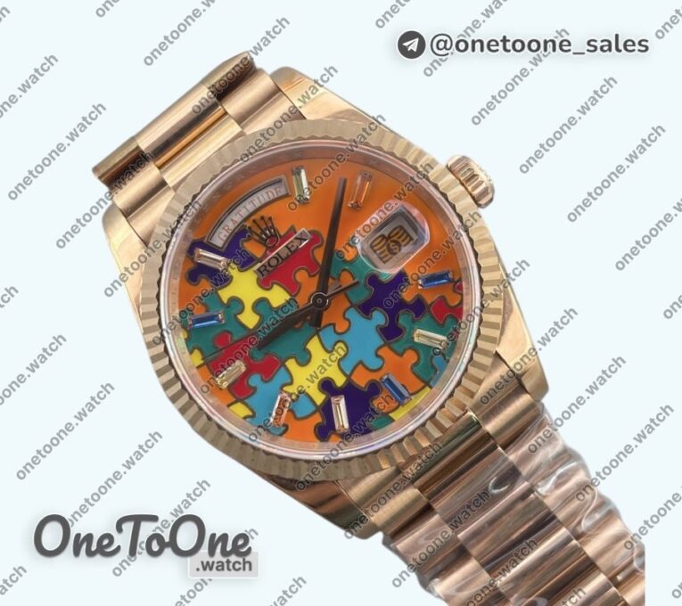 Реплика часов Rolex Daydate 128235 36mm Colour Jigsaw Puzzle Rose gold Top-tier Копия один в один Orange Dial on Rose gold President Bracelet QHF