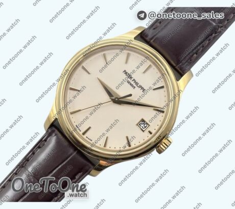 Реплика часов Patek Philippe Calatrava 5227 Yellow gold Top-tier Копия один в один White Dial Brown Leather Strap 324CS 3KF