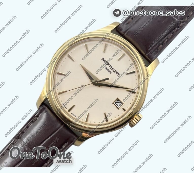 Реплика часов Patek Philippe Calatrava 5227 Yellow gold Top-tier Копия один в один White Dial Brown Leather Strap 324CS 3KF