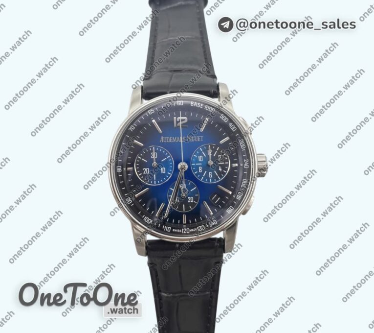 Реплика часов Audemars Piguet Code 11.59 Chrono 26393 Stainless steel Top-tier Копия один в один Blue Ombre Dial On Leather Strap