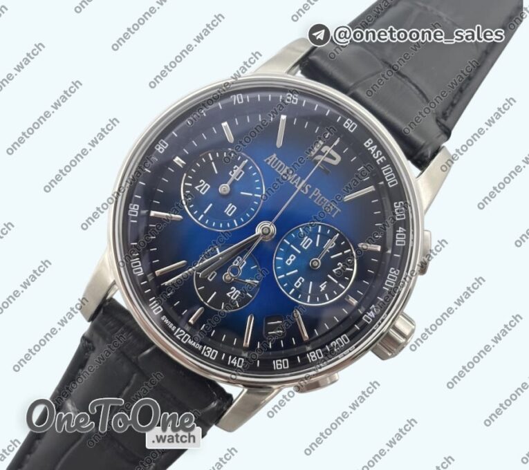 Реплика часов Audemars Piguet Code 11.59 Chrono 26393 Stainless steel Top-tier Копия один в один Blue Ombre Dial On Leather Strap
