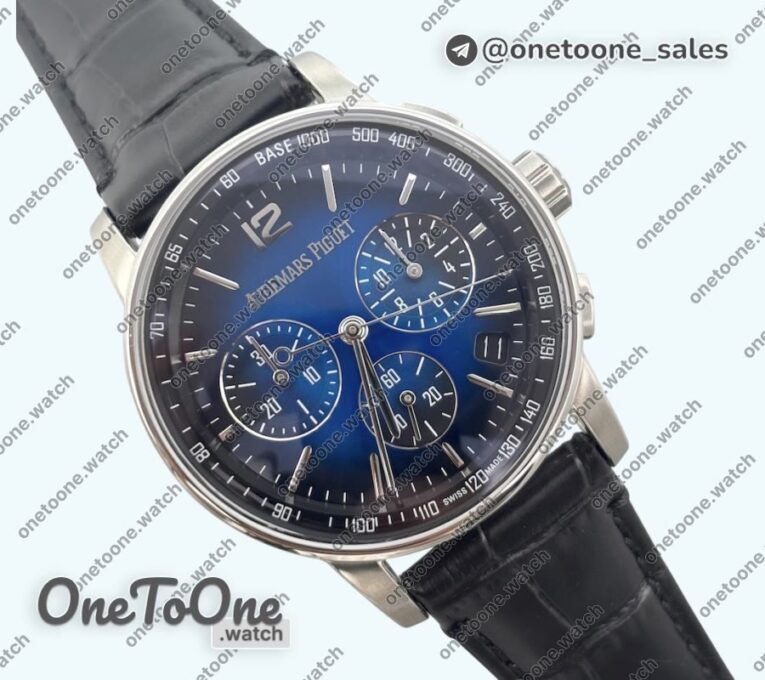 Реплика часов Audemars Piguet Code 11.59 Chrono 26393 Stainless steel Top-tier Копия один в один Blue Ombre Dial On Leather Strap