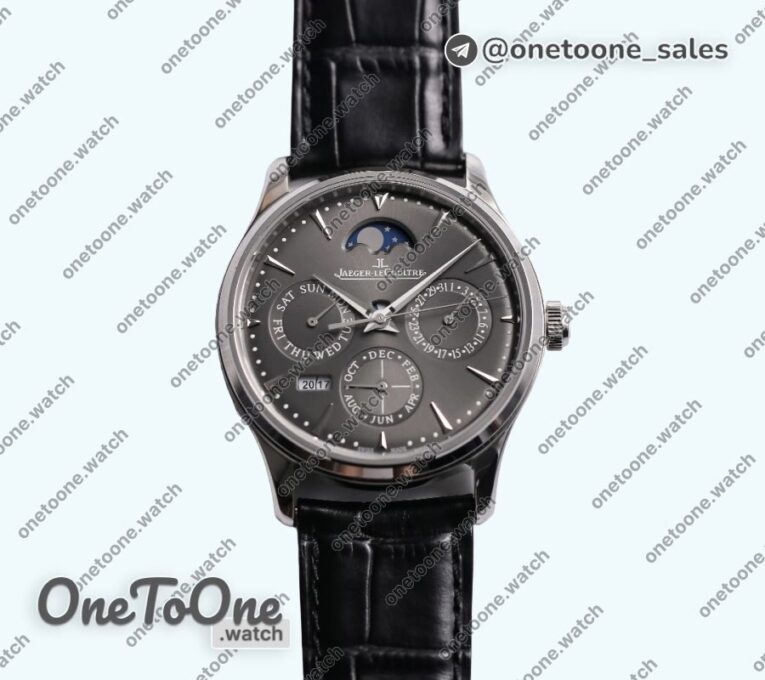 Реплика часов Jaeger-lecoultre Master Ultra Thin Perpetual Calendar Stainless steel Top-tier Копия один в один Gray&Black&White Dials Black Leather Strap V2