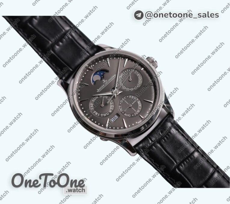 Реплика часов Jaeger-lecoultre Master Ultra Thin Perpetual Calendar Stainless steel Top-tier Копия один в один Gray&Black&White Dials Black Leather Strap V2