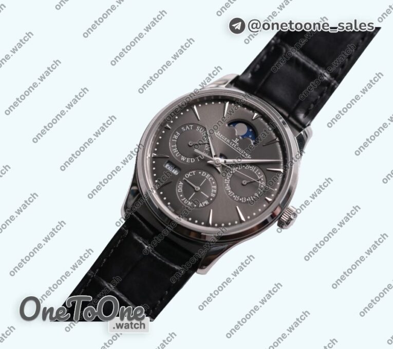 Реплика часов Jaeger-lecoultre Master Ultra Thin Perpetual Calendar Stainless steel Top-tier Копия один в один Gray&Black&White Dials Black Leather Strap V2