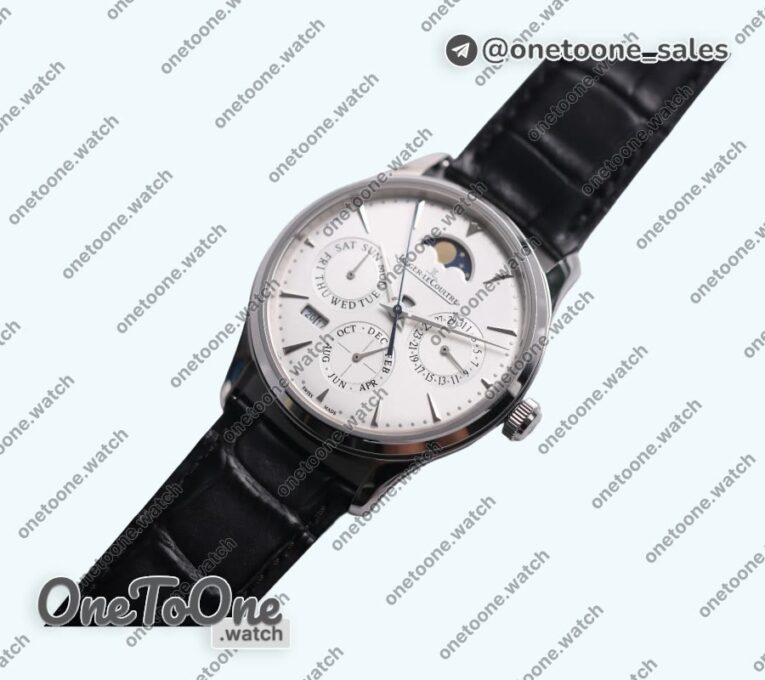 Реплика часов Jaeger-lecoultre Master Ultra Thin Perpetual Calendar Stainless steel Top-tier Копия один в один Gray&Black&White Dials Black Leather Strap V2