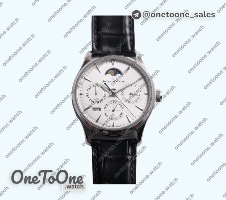Реплика часов Jaeger-lecoultre Master Ultra Thin Perpetual Calendar Stainless steel Top-tier Копия один в один Gray&Black&White Dials Black Leather Strap V2