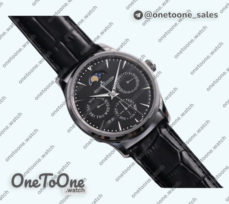 Реплика часов Jaeger-lecoultre Master Ultra Thin Perpetual Calendar Stainless steel Top-tier Копия один в один Gray&Black&White Dials Black Leather Strap V2
